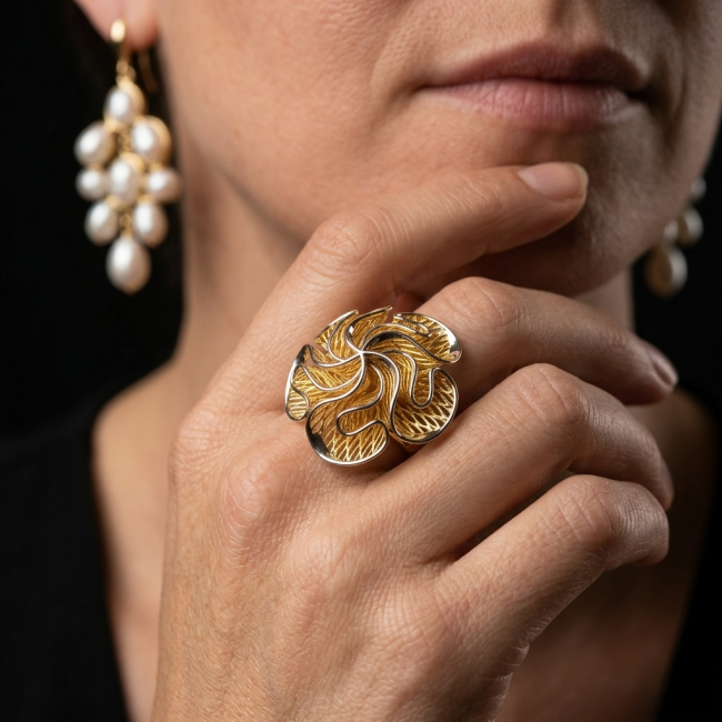 Dubai Style - .925 Sterling Silver dipped in 22K Gold handmade Large ring size 9 1/4 - Close-up of gold-dipped ring worn on hand, with pearl earrings visible.