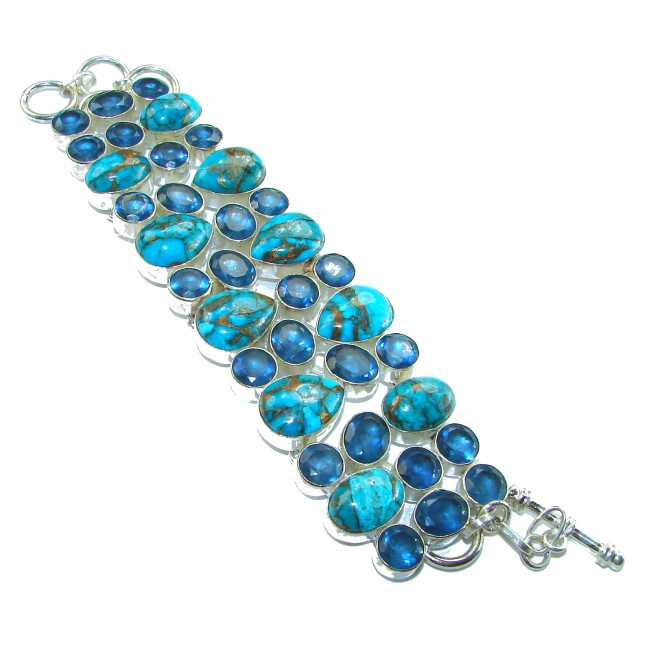 Luxurious one of a kind 65.8 carat Copper Turquoise .925 Sterling Silver handmade Bracelet - Top view of silver bracelet with blue copper turquoise stones