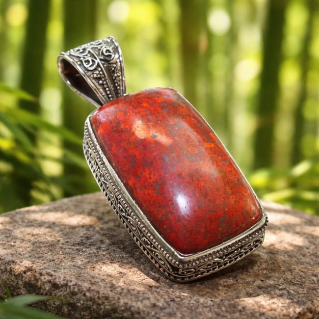 Unique Natural Sonora Jasper .925 Sterling Silver handmade Pendant - Close-up of Sonora Jasper pendant with ornate silver setting.
