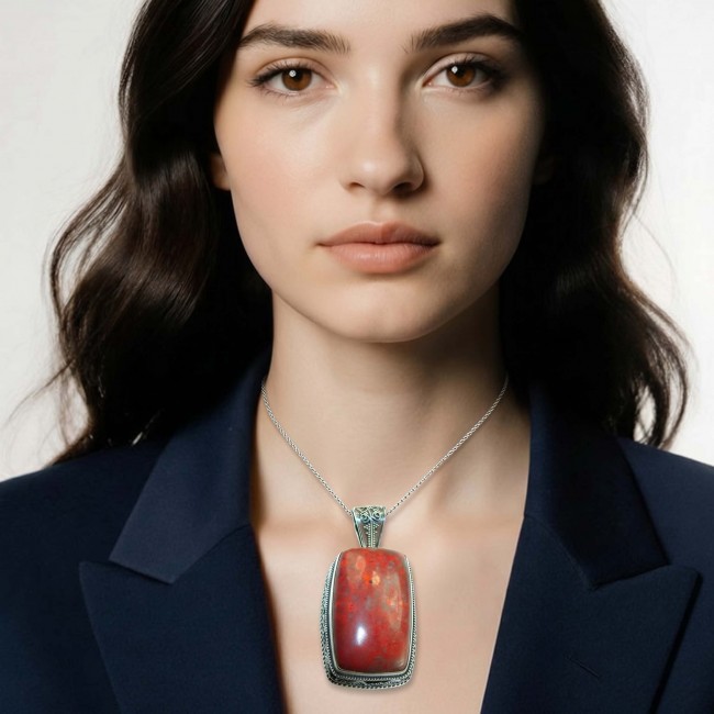 Unique Natural Sonora Jasper .925 Sterling Silver handmade Pendant - Woman wearing Sonora Jasper pendant, front view.