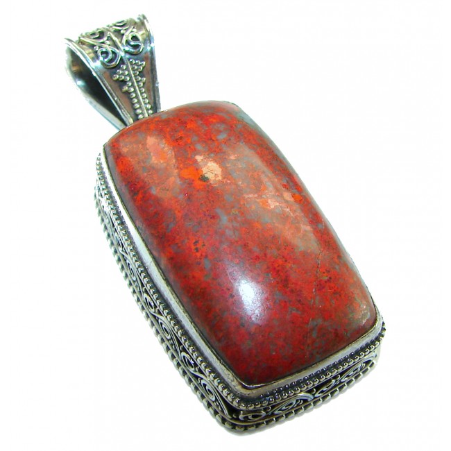 Unique Natural Sonora Jasper .925 Sterling Silver handmade Pendant - Close-up of Sonora Jasper pendant in ornate .925 silver setting.