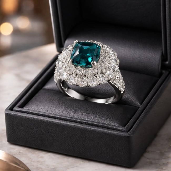 Amazonia - 6.1 carat Aquamarine.925 Sterling Silver handmade Statemen .925 Sterling Silver ring size 9 - Aquamarine ring front view in black box, diamond halo setting.