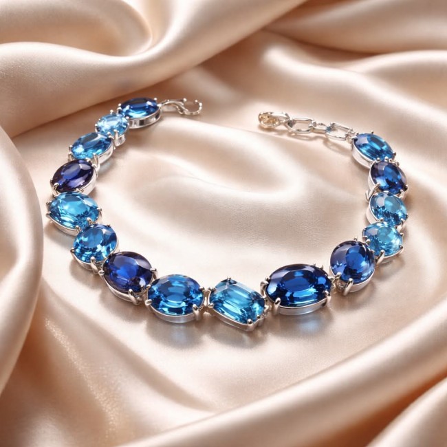 Nautilius 45.5 carat genuine Swiss Blue Topaz .925 Sterling Silver handmade Statement Bracelet - Blue topaz bracelet front view on satin fabric background.