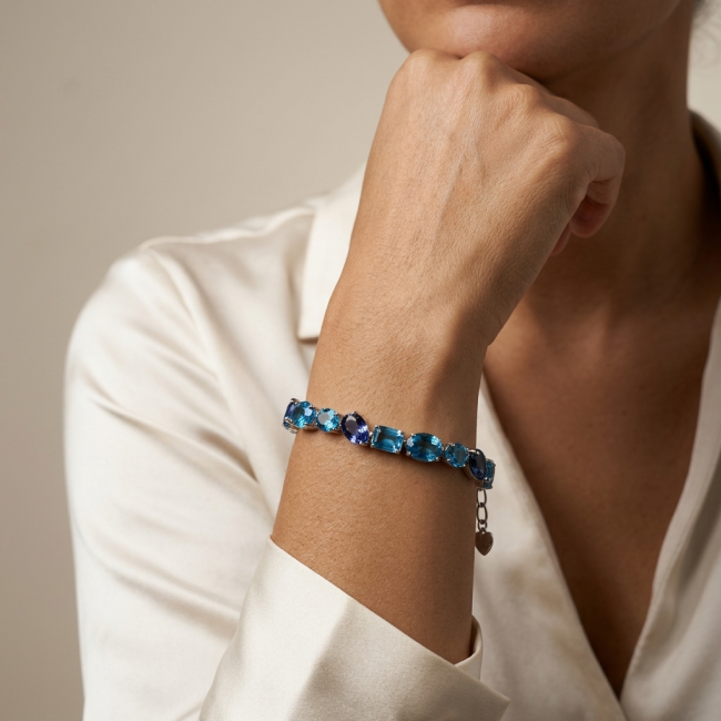 Nautilius 45.5 carat genuine Swiss Blue Topaz .925 Sterling Silver handmade Statement Bracelet - Worn on wrist, Swiss Blue Topaz bracelet, side view