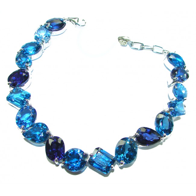 Nautilius 45.5 carat genuine Swiss Blue Topaz .925 Sterling Silver handmade Statement Bracelet - Necklace of Swiss Blue Topaz and sterling silver, top view.