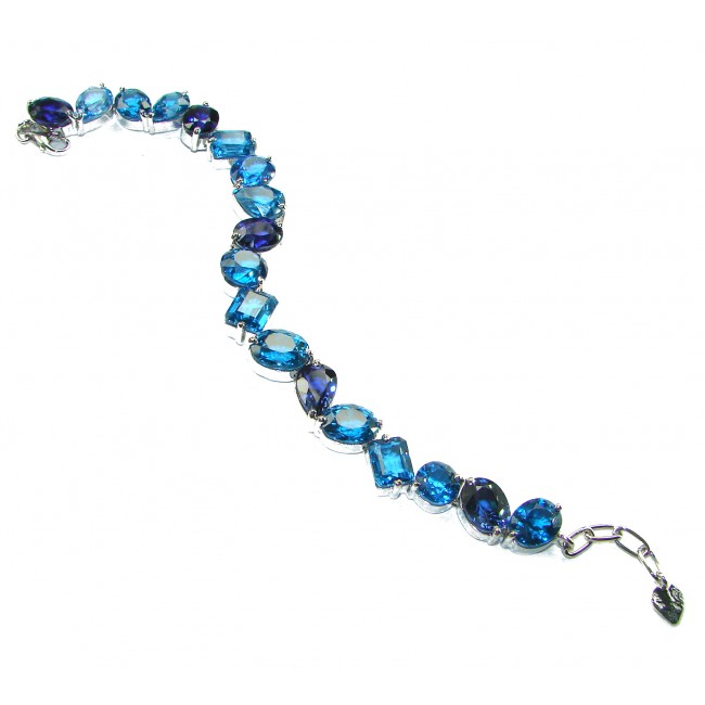 Nautilius 45.5 carat genuine Swiss Blue Topaz .925 Sterling Silver handmade Statement Bracelet - Swiss Blue Topaz bracelet, full view, silver clasp detail.