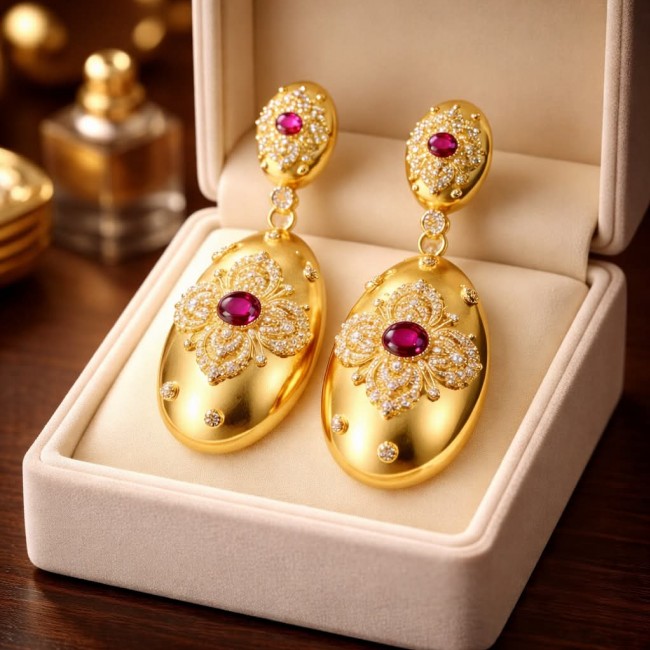Byzantine design Authentic 8.2 carat 18K Gold over .925 Sterling Silver handcrafted Statement earrings - Byzantine earrings, front view, gold with red gemstones and diamonds.