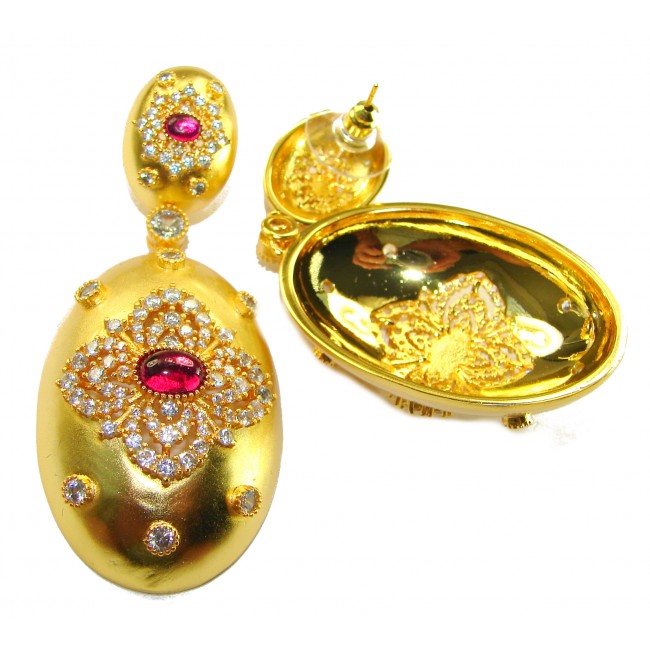 Byzantine design Authentic 8.2 carat 18K Gold over .925 Sterling Silver handcrafted Statement earrings - Close-up of Byzantine 8.2 carat gold earrings with red and clear stones.