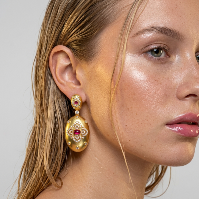 Byzantine design Authentic 8.2 carat 18K Gold over .925 Sterling Silver handcrafted Statement earrings - Side view of Byzantine design gold earring with gemstones worn on ear.
