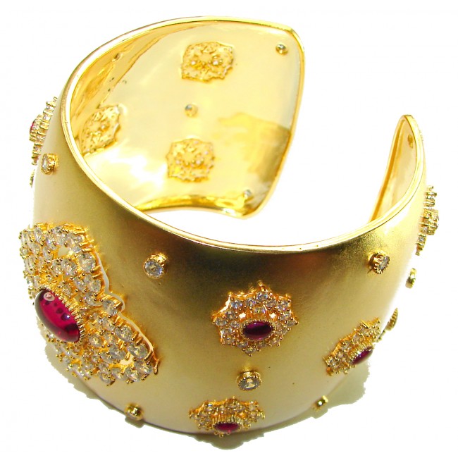 Byzantine design Authentic Ruby 10.2 carat 18K Gold over .925 Sterling Silver handcrafted Bracelet / Cuff - Byzantine ruby bangle, 18K gold, top angle view.