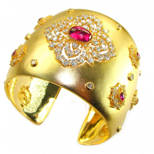 Byzantine design Authentic Ruby 10.2 carat 18K Gold over .925 Sterling Silver handcrafted Bracelet / Cuff - Gold cuff bracelet with ruby and diamond details, angled top view.