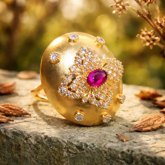 Byzantine design Authentic 2.2 carat 18K Gold over .925 Sterling Silver handcrafted Large Ring s. 8 - Close-up of Byzantine ring with ruby and diamonds on stone surface