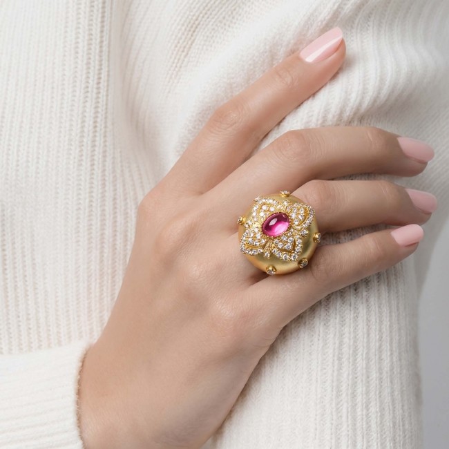 Byzantine design Authentic 2.2 carat 18K Gold over .925 Sterling Silver handcrafted Large Ring s. 8 - Byzantine-style gold ring with pink stone worn on hand.