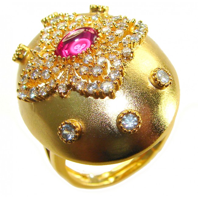 Byzantine design Authentic 2.2 carat 18K Gold over .925 Sterling Silver handcrafted Large Ring s. 8 - Close-up of Byzantine gold ring with pink and clear stones.