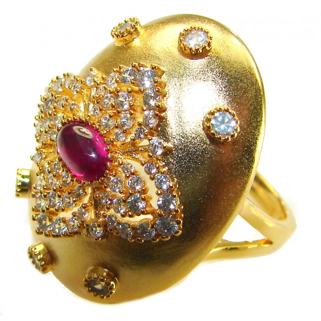Byzantine design Authentic 2.2 carat 18K Gold over .925 Sterling Silver handcrafted Large Ring s. 8 - Byzantine gold ring with ruby and diamonds, angled top view.