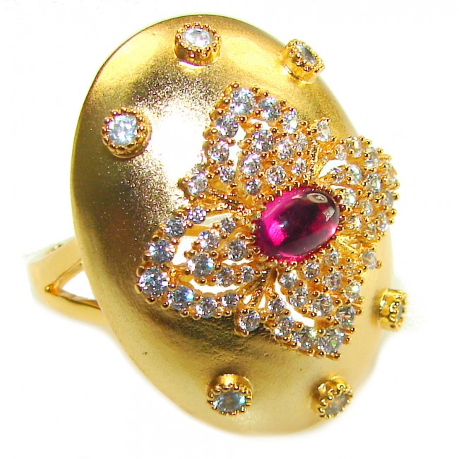 Byzantine design Authentic 2.2 carat 18K Gold over .925 Sterling Silver handcrafted Large Ring s. 8 - Byzantine ring close-up, gold with ruby and diamond accents.
