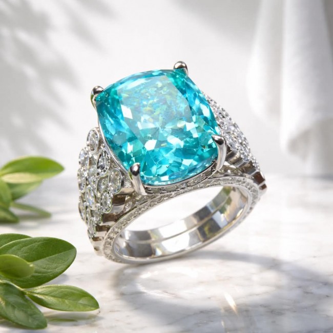 Wild Ocean 17.5 carat Paraiba Tourmaline .925 Sterling Silver Handcrafted Ring size 6 adjustable - Close-up of Wild Ocean Paraiba Tourmaline ring on marble with greenery.