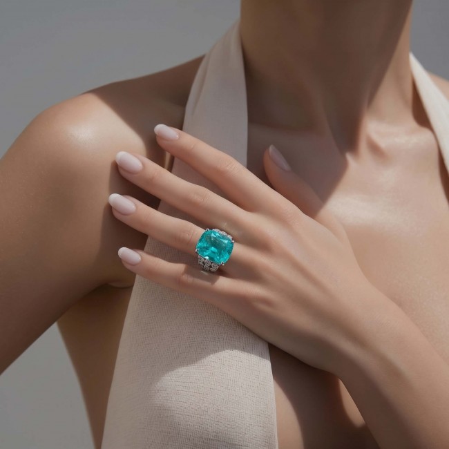 Wild Ocean 17.5 carat Paraiba Tourmaline .925 Sterling Silver Handcrafted Ring size 6 adjustable - Paraiba Tourmaline ring worn on hand, front view, 17.5 carat stone
