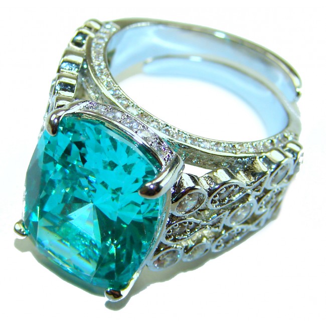 Wild Ocean 17.5 carat Paraiba Tourmaline .925 Sterling Silver Handcrafted Ring size 6 adjustable - Close-up of Wild Ocean Paraiba Tourmaline ring in sterling silver.