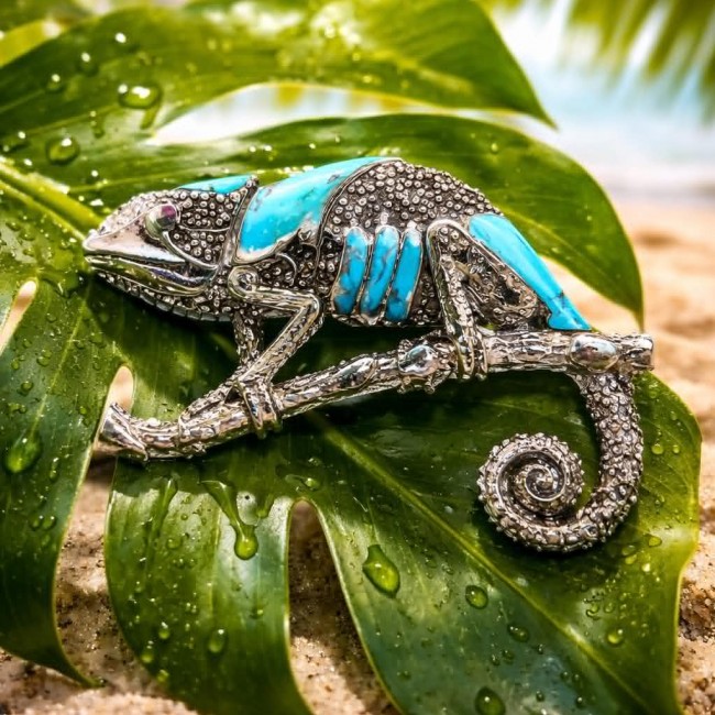Spectacular Big Chameleon Lizard inlay Turquoise .925 Sterling Silver handmade Brooch - Side view of turquoise chameleon jewelry on a leaf background.