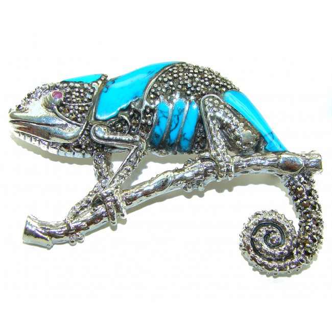 Spectacular Big Chameleon Lizard inlay Turquoise .925 Sterling Silver handmade Brooch - Side view of chameleon brooch with turquoise inlay on branch.