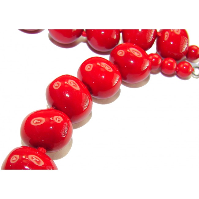 Konstancia Sublime natural Red Fossilized Coral Sterling Silver handmade Necklace - Close-up of red fossilized coral beads from necklace.