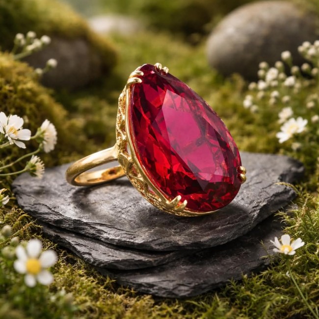 Carmen Natural 25.4 carat Ruby .925 Sterling Silver dipped in 22K Gold handmade Large Statement Ring size 6 1/4 - Close-up of Carmen Natural 25.4 ct Ruby ring on a mossy background
