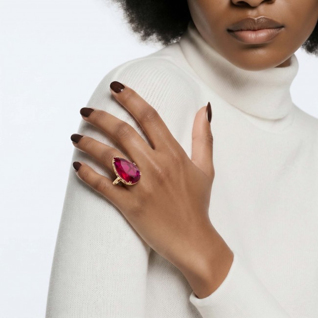 Carmen Natural 25.4 carat Ruby .925 Sterling Silver dipped in 22K Gold handmade Large Statement Ring size 6 1/4 - Close-up of large ruby ring worn on hand