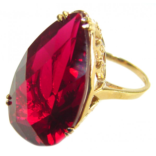 Carmen Natural 25.4 carat Ruby .925 Sterling Silver dipped in 22K Gold handmade Large Statement Ring size 6 1/4 - Close-up of 25.4 carat ruby ring in gold setting.