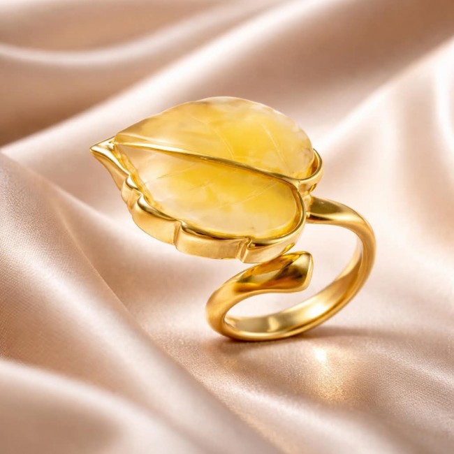 Golden Leaf - Natural Butterscotch Baltic Amber .925 Sterling Silver dipped in 18K Gold handcrafted ring; s. 7 adjustable - Golden leaf ring, side view, butterscotch Baltic amber, gold setting
