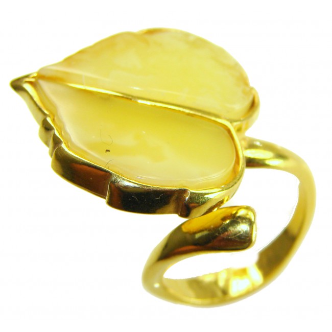 Golden Leaf - Natural Butterscotch Baltic Amber .925 Sterling Silver dipped in 18K Gold handcrafted ring; s. 7 adjustable - Golden Leaf ring with butterscotch amber, side view.