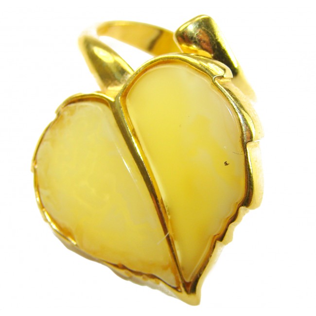 Golden Leaf - Natural Butterscotch Baltic Amber .925 Sterling Silver dipped in 18K Gold handcrafted ring; s. 7 adjustable - Golden leaf ring with butterscotch amber, close-up view.