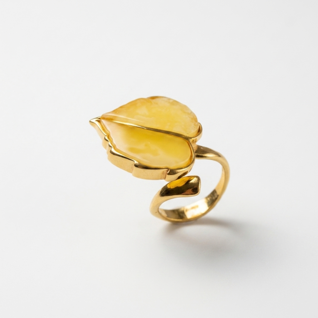 Golden Leaf - Natural Butterscotch Baltic Amber .925 Sterling Silver dipped in 18K Gold handcrafted ring; s. 7 adjustable - Side view of Golden Leaf ring with Butterscotch Baltic Amber stone.