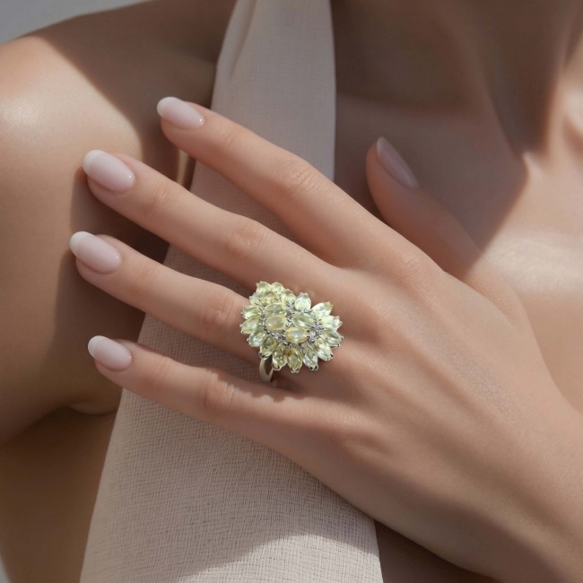 Fancy 18.8 carat Genuine Lemon Quartz .925 Sterling Silver DIPPED IN REAL RHODIUM handcrafted ring size 7 - Fancy 18.8 carat Lemon Quartz ring worn on hand, front view