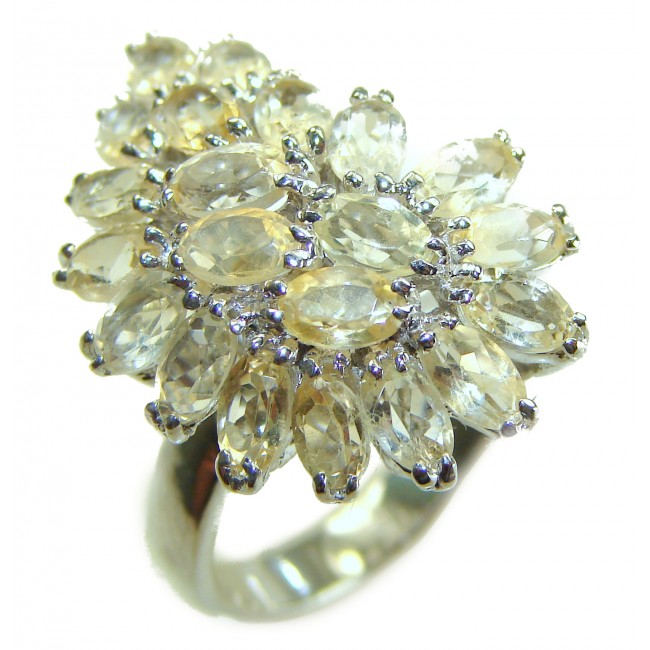 Fancy 18.8 carat Genuine Lemon Quartz .925 Sterling Silver DIPPED IN REAL RHODIUM handcrafted ring size 7 - Fancy ring with 18.8 carat lemon quartz on silver, close-up top view.