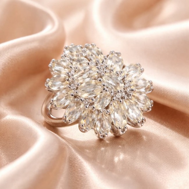 Fancy 18.8 carat Genuine Lemon Quartz .925 Sterling Silver DIPPED IN REAL RHODIUM handcrafted ring size 7 - Fancy lemon quartz ring close-up on satin background