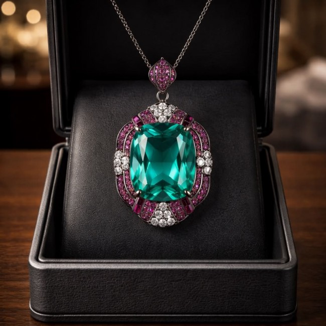 ART DECO Authentic 24.7 carat Aquamarine Ruby Black rhodium over .925 Sterling Silver handmade necklace - Front view of ART DECO aquamarine and ruby pendant in a jewelry box.