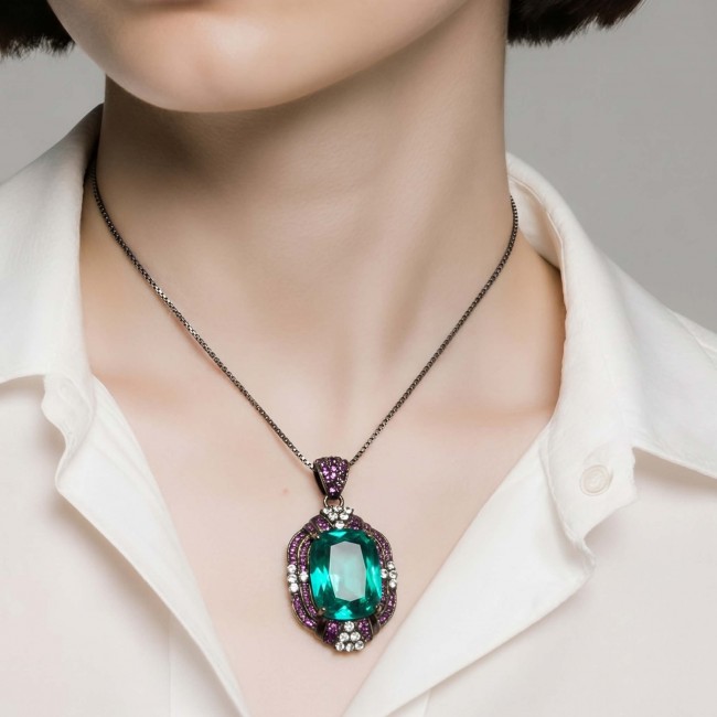 ART DECO Authentic 24.7 carat Aquamarine Ruby Black rhodium over .925 Sterling Silver handmade necklace - Aquamarine necklace worn, showing front view on white shirt.
