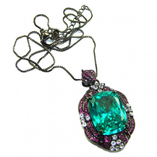 ART DECO Authentic 24.7 carat Aquamarine Ruby Black rhodium over .925 Sterling Silver handmade necklace - Front view of ART DECO aquamarine pendant with ruby accents on chain