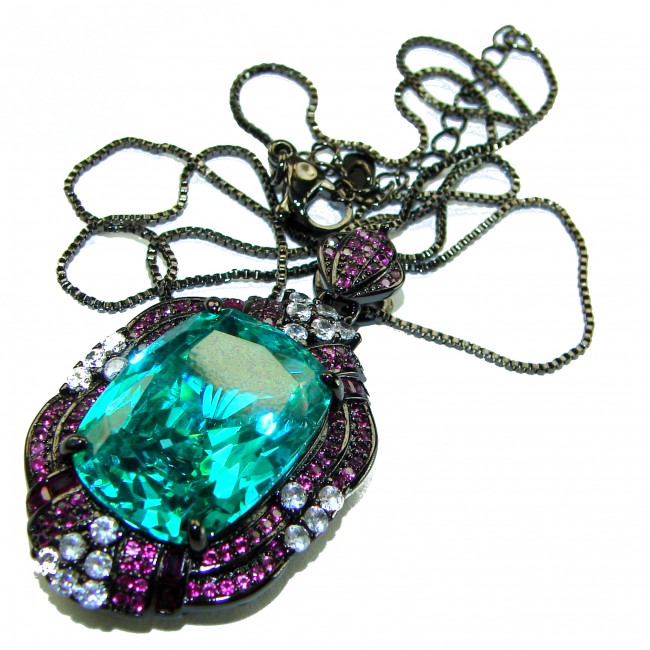 ART DECO Authentic 24.7 carat Aquamarine Ruby Black rhodium over .925 Sterling Silver handmade necklace - Aquamarine pendant close-up with rubies and diamonds on chain