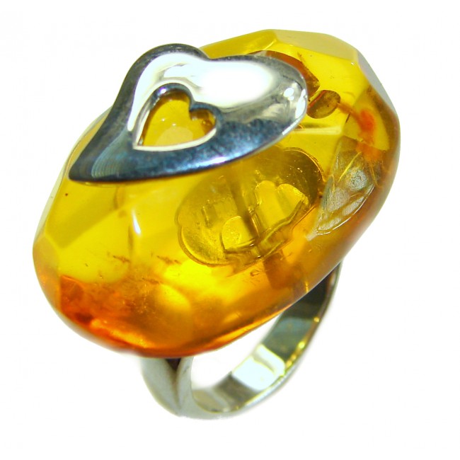 Heart Authentic Baltic Amber .925 Sterling Silver handcrafted ring; s. 6 ADJUSTABLE - Heart Baltic Amber and Silver Ring, close-up angle.