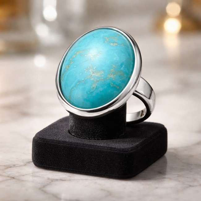 RARE KINGMEN Turquoise .925 Sterling Silver handmade Large ring size 11 - Turquoise ring in silver setting displayed on a stand, close-up view.