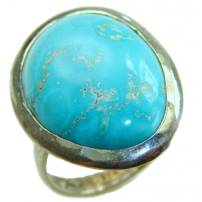 RARE KINGMEN Turquoise .925 Sterling Silver handmade Large ring size 11 - Close-up of RARE KINGMEN turquoise in .925 sterling silver ring setting.