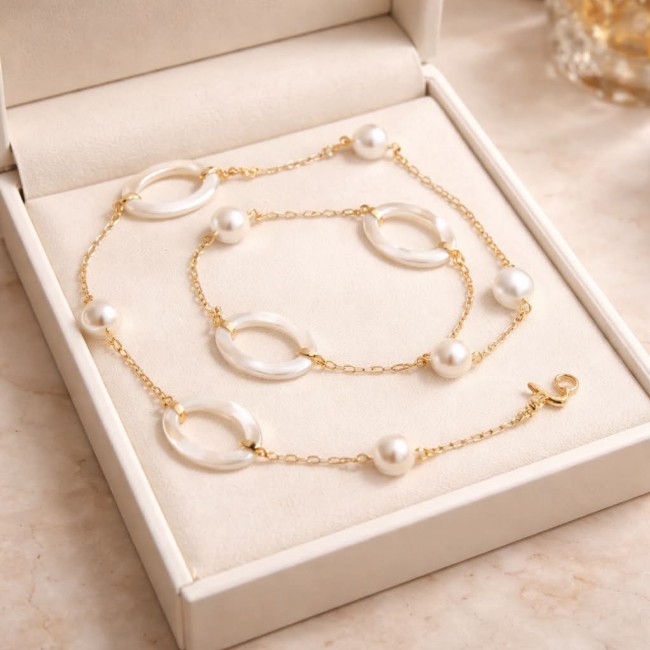Precious White Blister Pearl 14K Gold over .925 Sterling Silver .925 Sterling Silver Necklace - Precious White Blister Pearl necklace in box, top view.