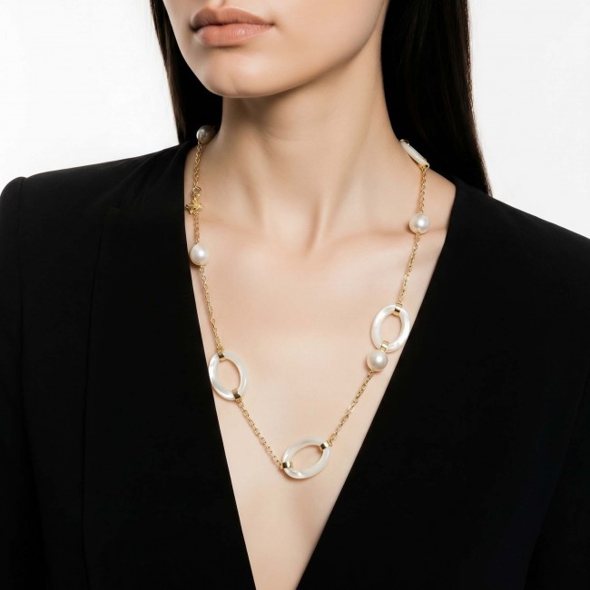 Precious White Blister Pearl 14K Gold over .925 Sterling Silver .925 Sterling Silver Necklace - Necklace worn on neck, showcasing pearls and gold chain.