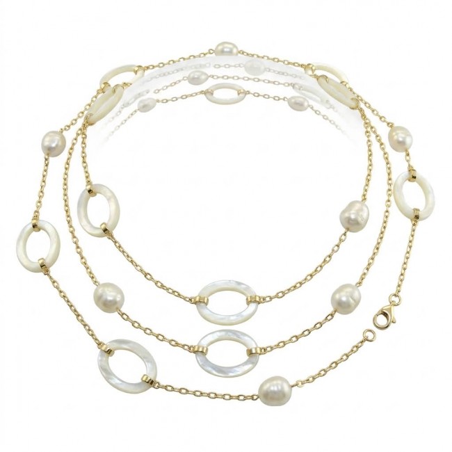 Precious White Blister Pearl 14K Gold over .925 Sterling Silver .925 Sterling Silver Necklace - Gold and pearl necklace layout showing clasp and design details