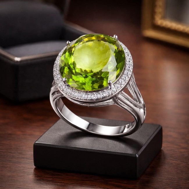 Authentic 22.8 carat Green Neon Topaz .925 Sterling Silver handmade Ring s. 6 1/4 - Close-up of a 22.8 ct green neon topaz ring in .925 sterling silver.