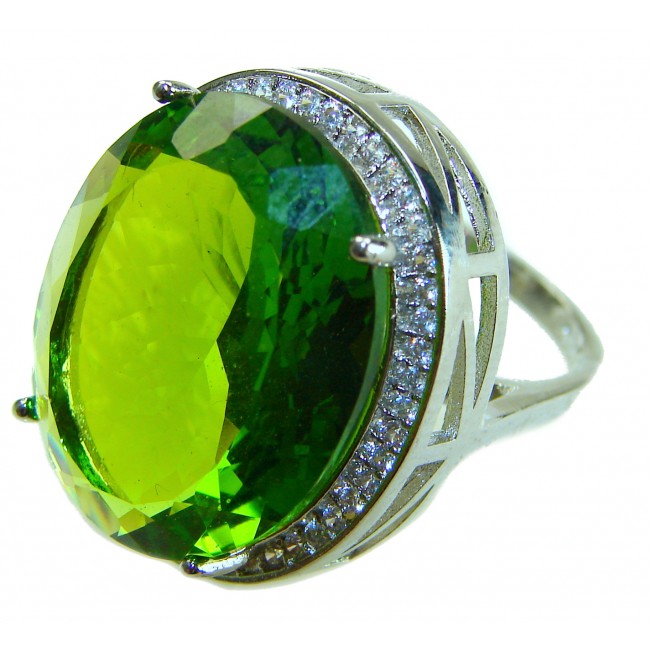 Authentic 22.8 carat Green Neon Topaz .925 Sterling Silver handmade Ring s. 6 1/4 - Close-up of green neon topaz ring in sterling silver setting.