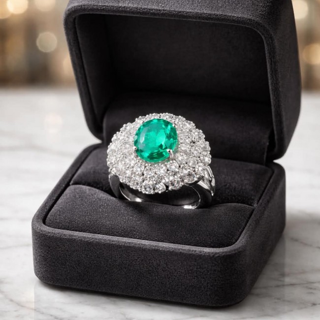 Authentic 4.2 carat Colombian Emerald .925 Sterling Silver handcrafted Ring size 6 1/2 - Emerald and diamond ring front view in black velvet box