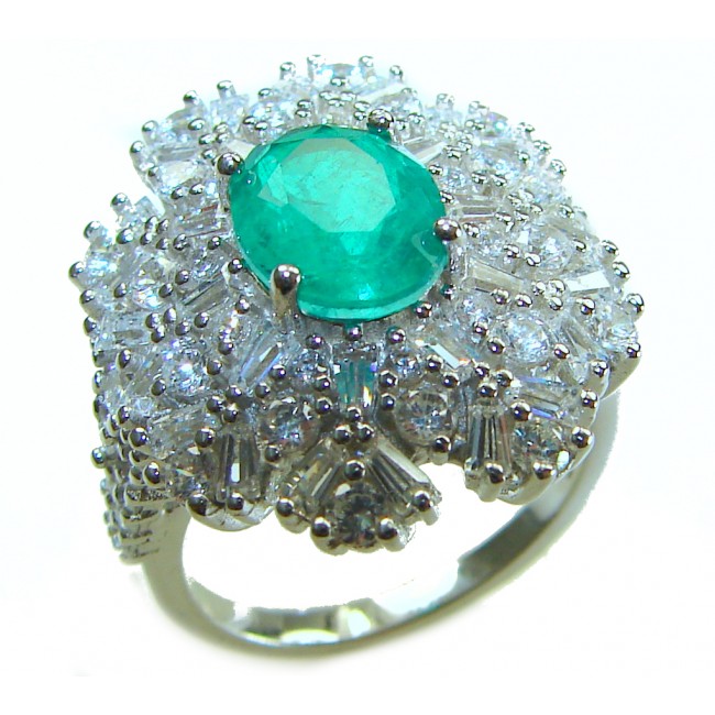 Authentic 4.2 carat Colombian Emerald .925 Sterling Silver handcrafted Ring size 6 1/2 - Emerald ring close-up with diamonds in sterling silver setting